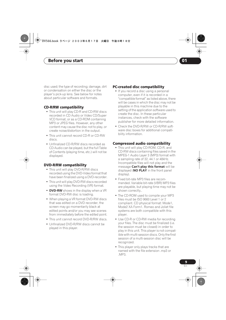 Cd-r/rw compatibility, Dvd-r/rw compatibility, Pc-created disc compatibility | Compressed audio compatibility, Before you start 01 | Pioneer DV-566K-s User Manual | Page 9 / 76
