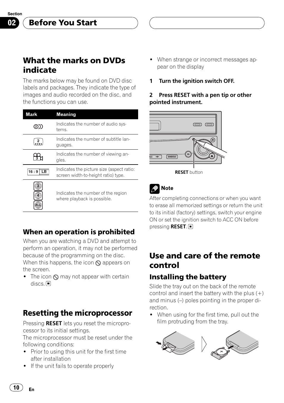 When an operation is prohibited 10, What the marks on dvds indicate, Resetting the microprocessor | Use and care of the remote control, Before you start, When an operation is prohibited, Installing the battery | Pioneer Super Tuner III D AVH-P6650DVD User Manual | Page 10 / 106