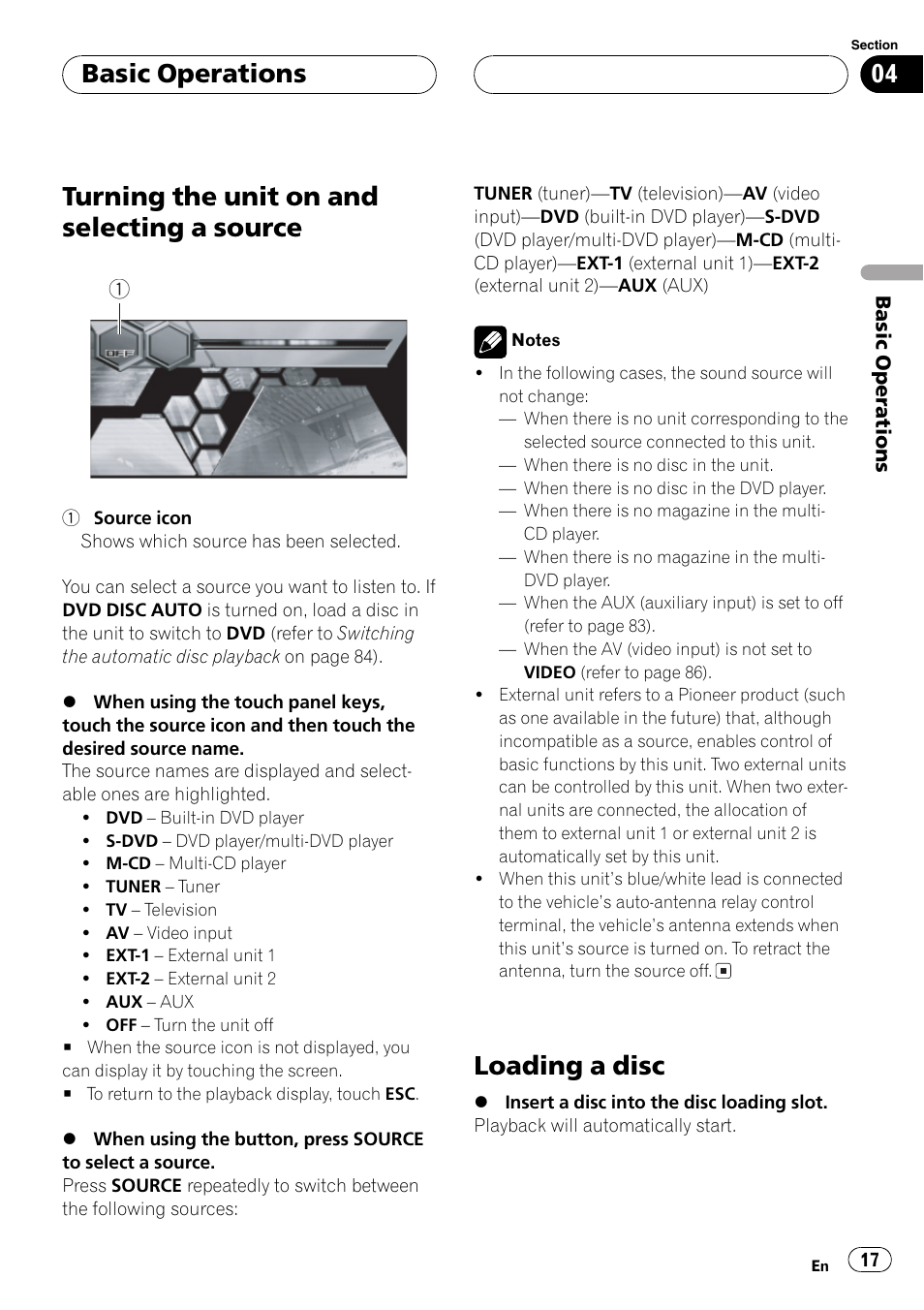 Source 17, Loading a disc 17, Turning the unit on and selecting a source | Loading a disc, Basic operations | Pioneer Super Tuner III D AVH-P6650DVD User Manual | Page 17 / 106