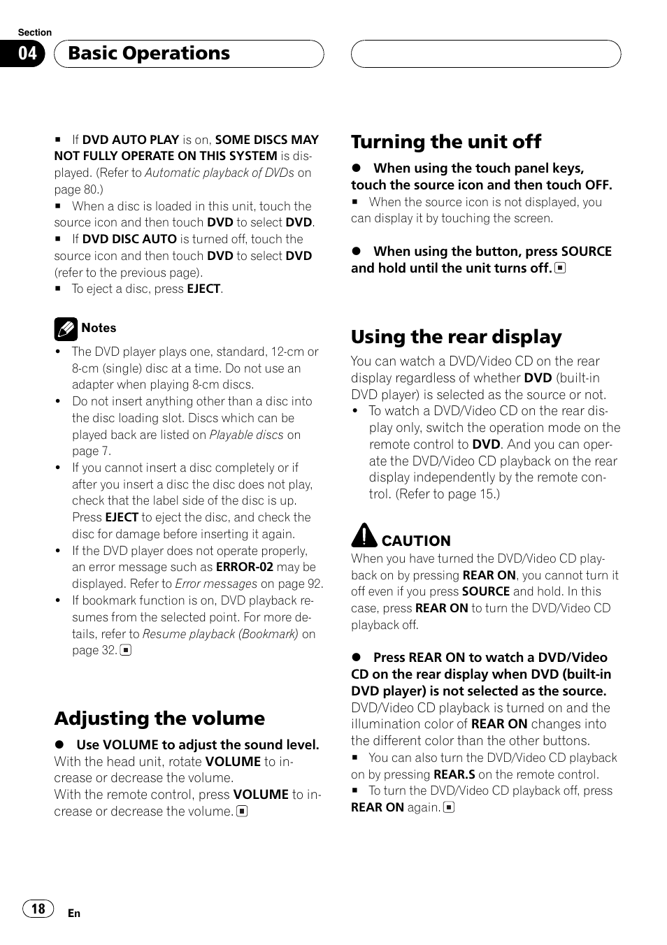 Adjusting the volume, Turning the unit off, Using the rear display | Basic operations | Pioneer Super Tuner III D AVH-P6650DVD User Manual | Page 18 / 106