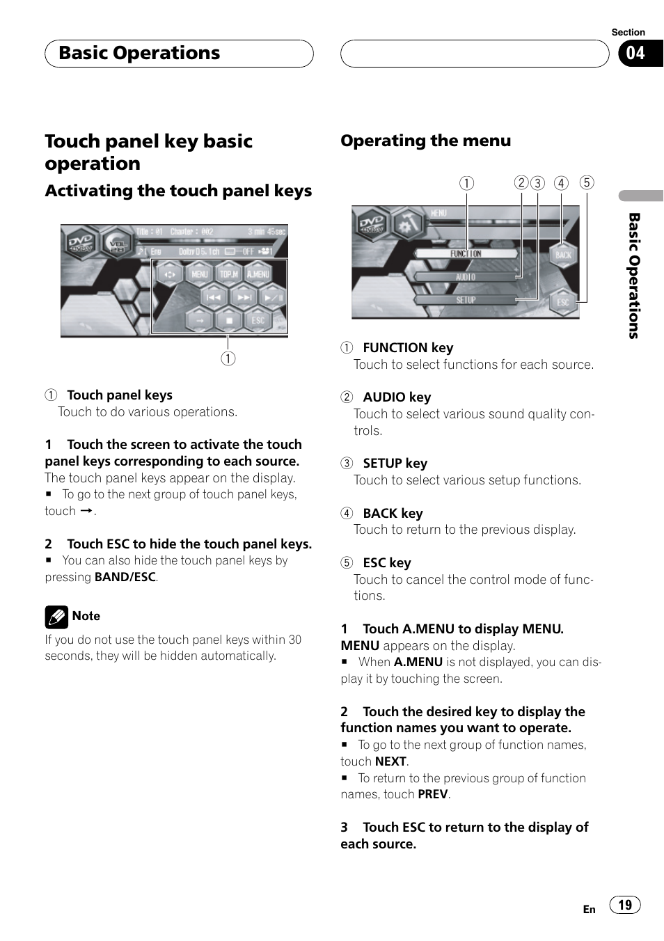 Touch panel key basic operation 19, Touch panelkey basic operation, Basic operations | Pioneer Super Tuner III D AVH-P6650DVD User Manual | Page 19 / 106