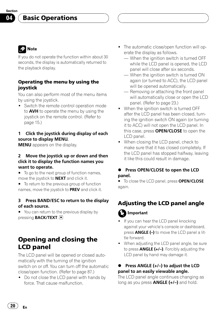 Opening and closing the lcd panel 20, Opening and closing the lcd panel, Basic operations | Adjusting the lcd panelangle | Pioneer Super Tuner III D AVH-P6650DVD User Manual | Page 20 / 106