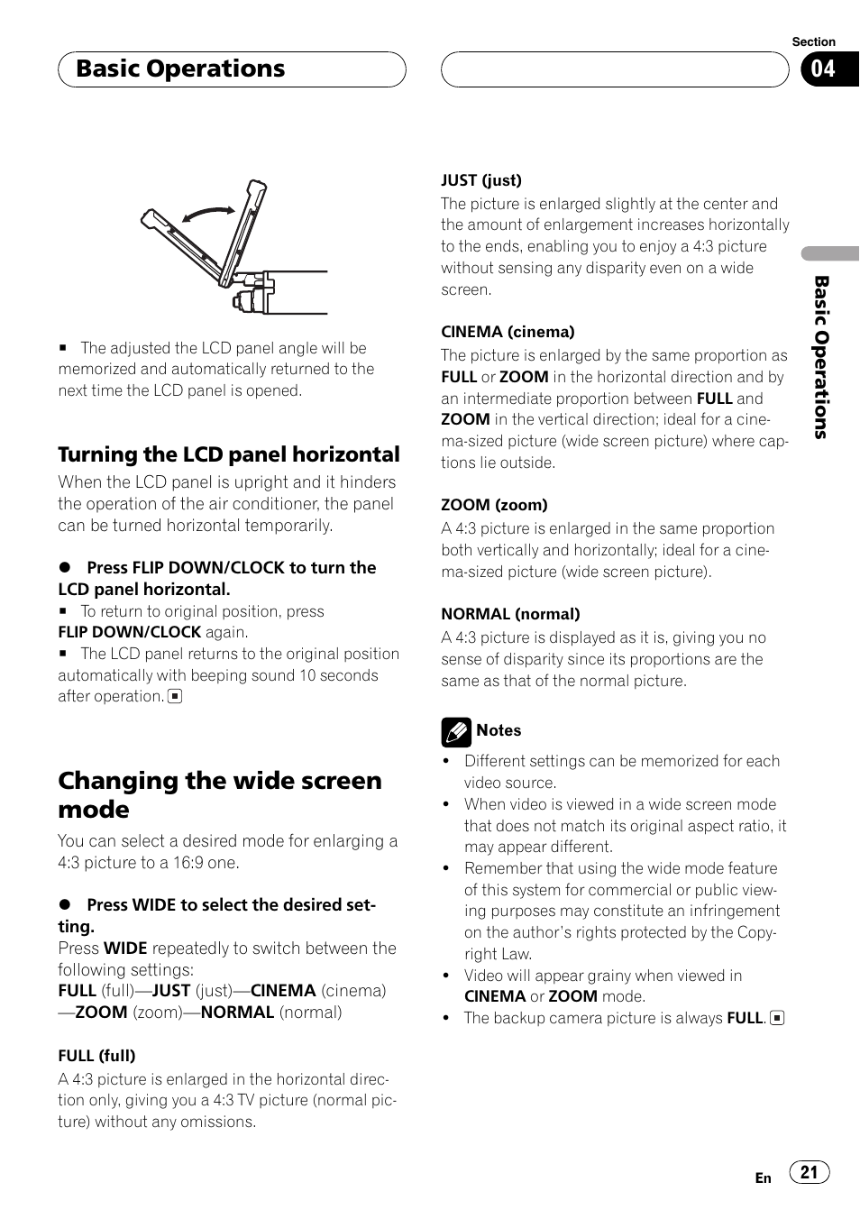 Changing the wide screen mode 21, Changing the wide screen mode, Basic operations | Turning the lcd panelhorizontal | Pioneer Super Tuner III D AVH-P6650DVD User Manual | Page 21 / 106