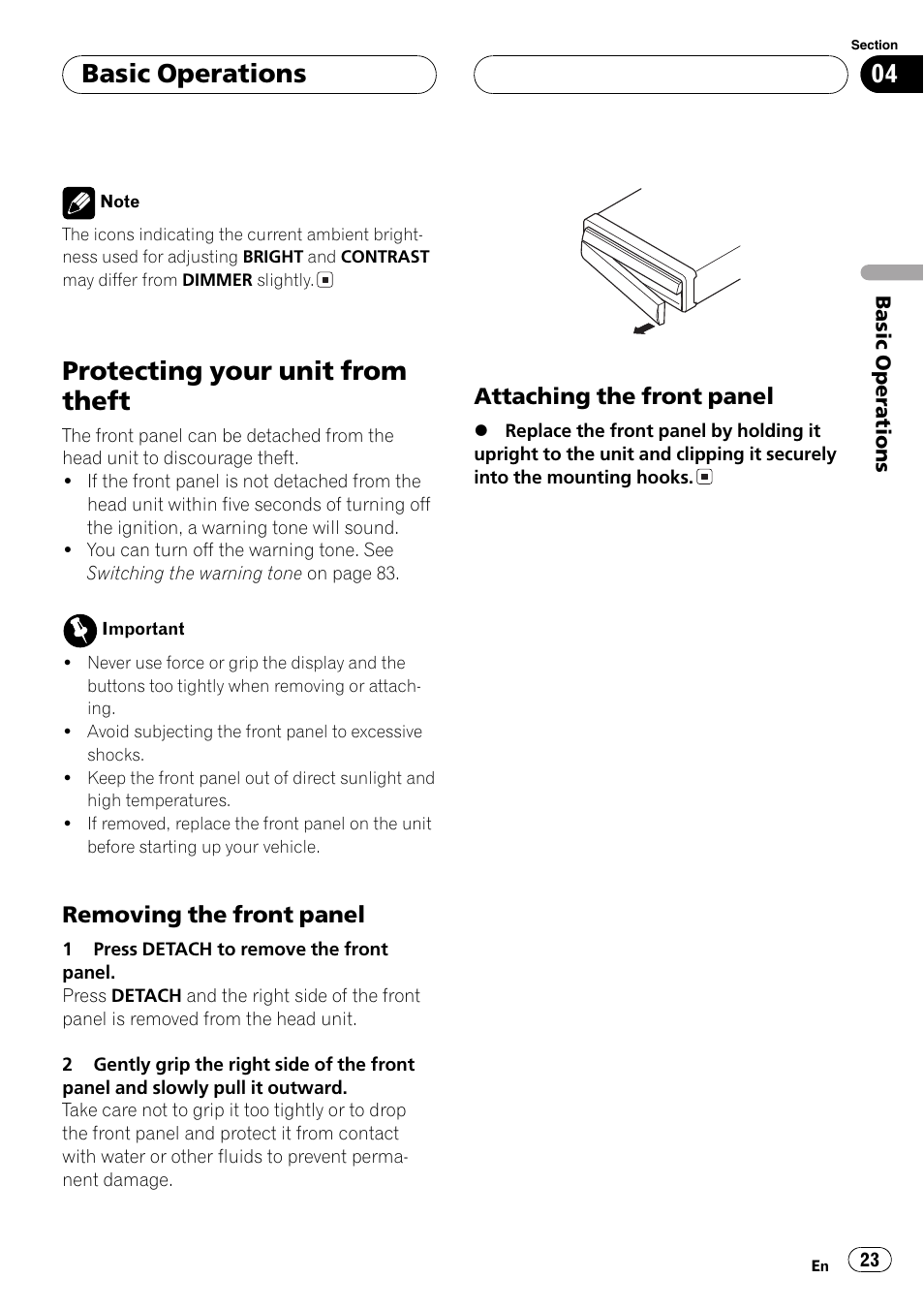 Protecting your unit from theft 23, Protecting your unit from theft, Basic operations | Pioneer Super Tuner III D AVH-P6650DVD User Manual | Page 23 / 106