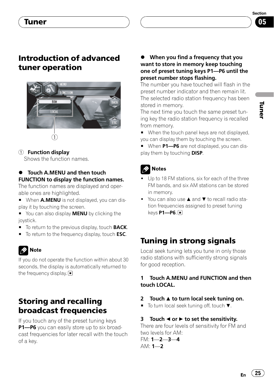 Introduction of advanced tuner, Operation 25, Storing and recalling broadcast | Frequencies 25, Tuning in strong signals 25, Introduction of advanced tuner operation, Storing and recalling broadcast frequencies, Tuning in strong signals, Tuner | Pioneer Super Tuner III D AVH-P6650DVD User Manual | Page 25 / 106