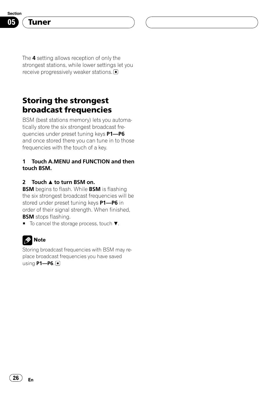 Storing the strongest broadcast, Frequencies 26, Storing the strongest broadcast frequencies | Tuner | Pioneer Super Tuner III D AVH-P6650DVD User Manual | Page 26 / 106