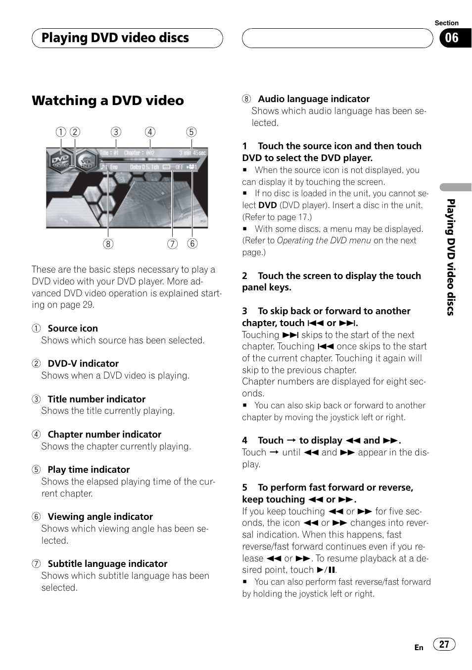 Playing dvd video discs watching a dvd video 27, Watching a dvd video, Playing dvd video discs | Pioneer Super Tuner III D AVH-P6650DVD User Manual | Page 27 / 106