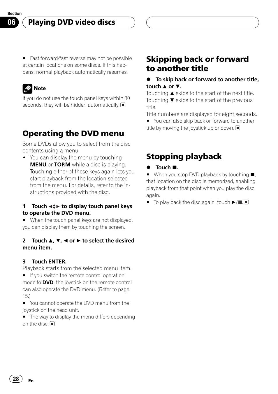 Operating the dvd menu, Skipping back or forward to another title, Stopping playback | Playing dvd video discs | Pioneer Super Tuner III D AVH-P6650DVD User Manual | Page 28 / 106