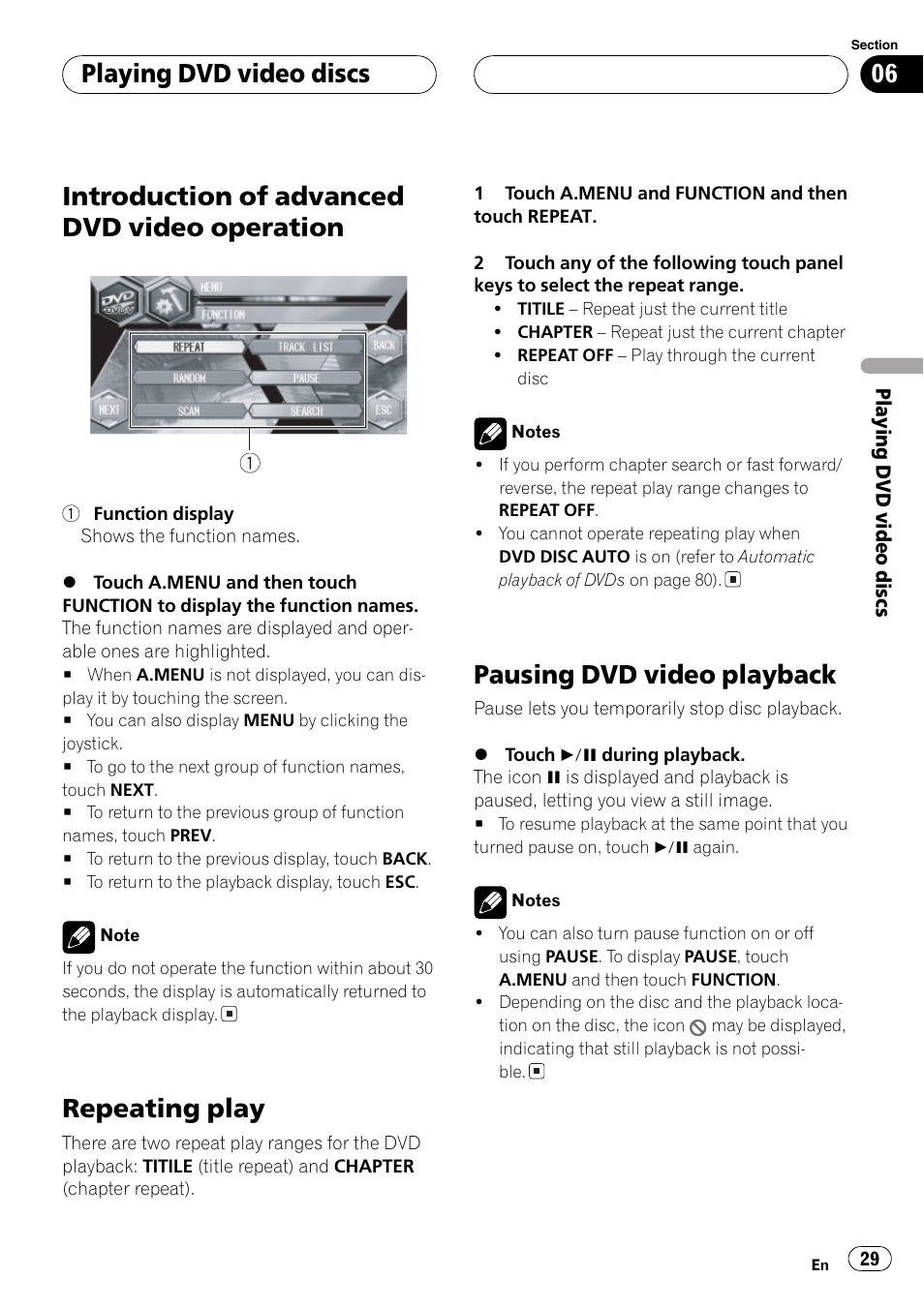 Introduction of advanced dvd video, Operation 29, Repeating play 29 pausing dvd video playback 29 | Introduction of advanced dvd video operation, Repeating play, Pausing dvd video playback, Playing dvd video discs | Pioneer Super Tuner III D AVH-P6650DVD User Manual | Page 29 / 106