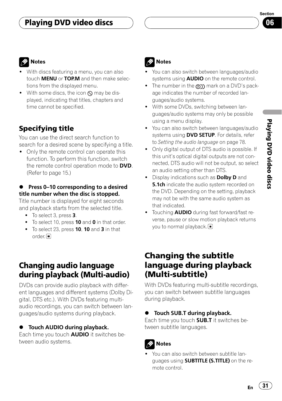 Changing audio language during playback, Multi-audio) 31, Changing the subtitle language during | Playback (multi-subtitle) 31, Playing dvd video discs, Specifying title | Pioneer Super Tuner III D AVH-P6650DVD User Manual | Page 31 / 106