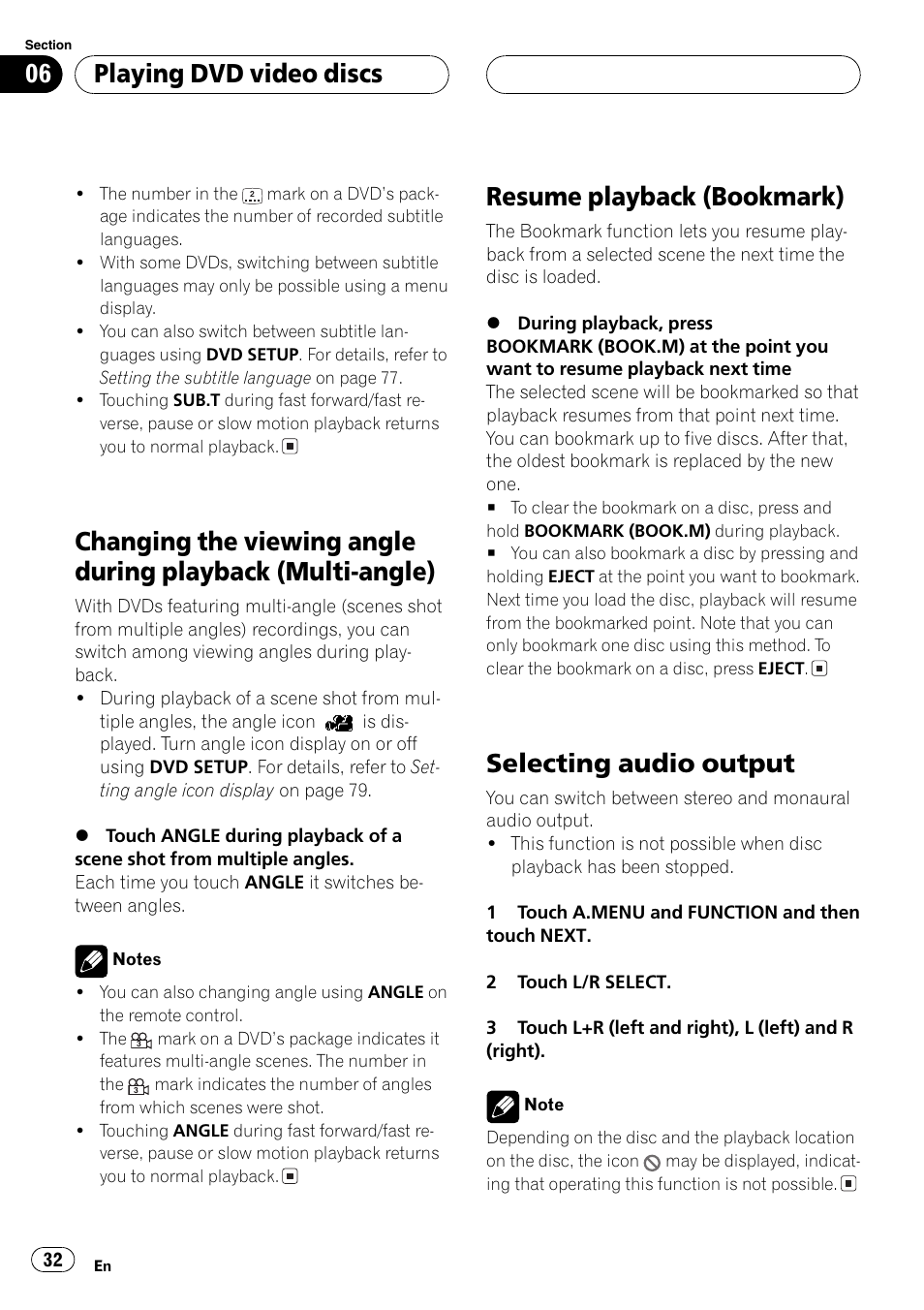 Changing the viewing angle during playback, Multi-angle) 32, Resume playback | Resume playback (bookmark), Selecting audio output, Playing dvd video discs | Pioneer Super Tuner III D AVH-P6650DVD User Manual | Page 32 / 106