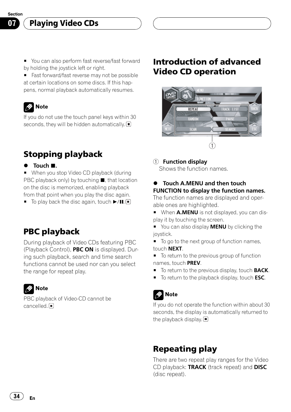 Operation 34, Repeating play 34, Stopping playback | Pbc playback, Introduction of advanced video cd operation, Repeating play, Playing video cds | Pioneer Super Tuner III D AVH-P6650DVD User Manual | Page 34 / 106