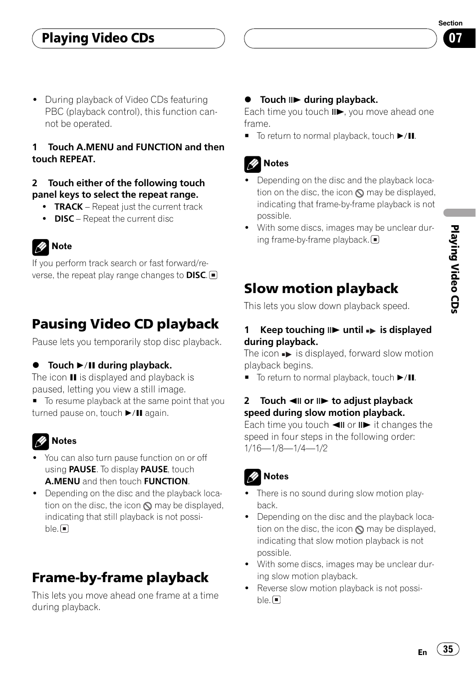 Pausing video cd playback 35, Frame-by-frame playback 35 slow motion playback 35, Pausing video cd playback | Frame-by-frame playback, Slow motion playback, Playing video cds | Pioneer Super Tuner III D AVH-P6650DVD User Manual | Page 35 / 106