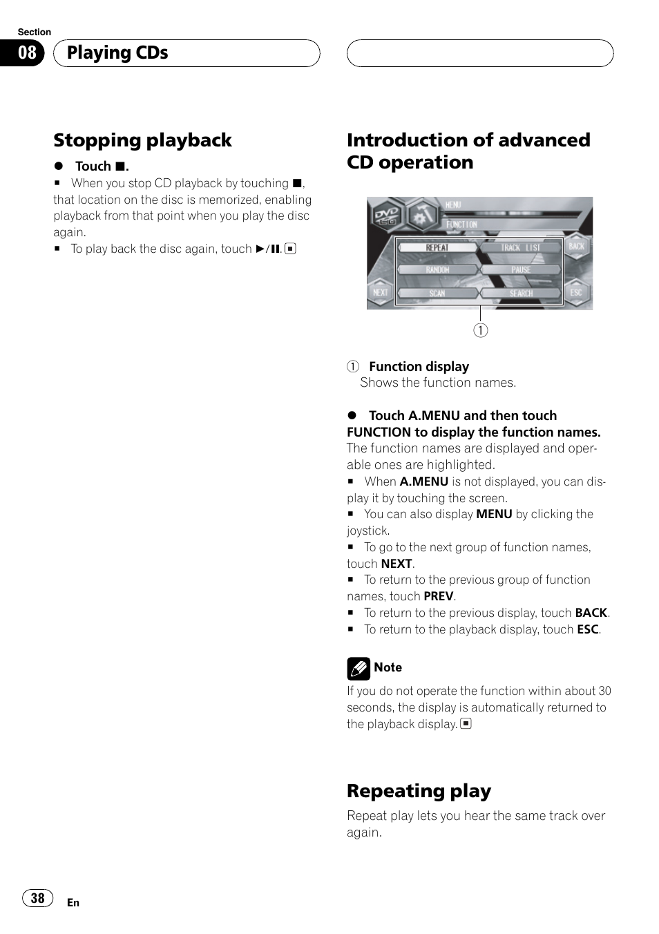 Stopping playback, Introduction of advanced cd operation, Repeating play | Playing cds | Pioneer Super Tuner III D AVH-P6650DVD User Manual | Page 38 / 106