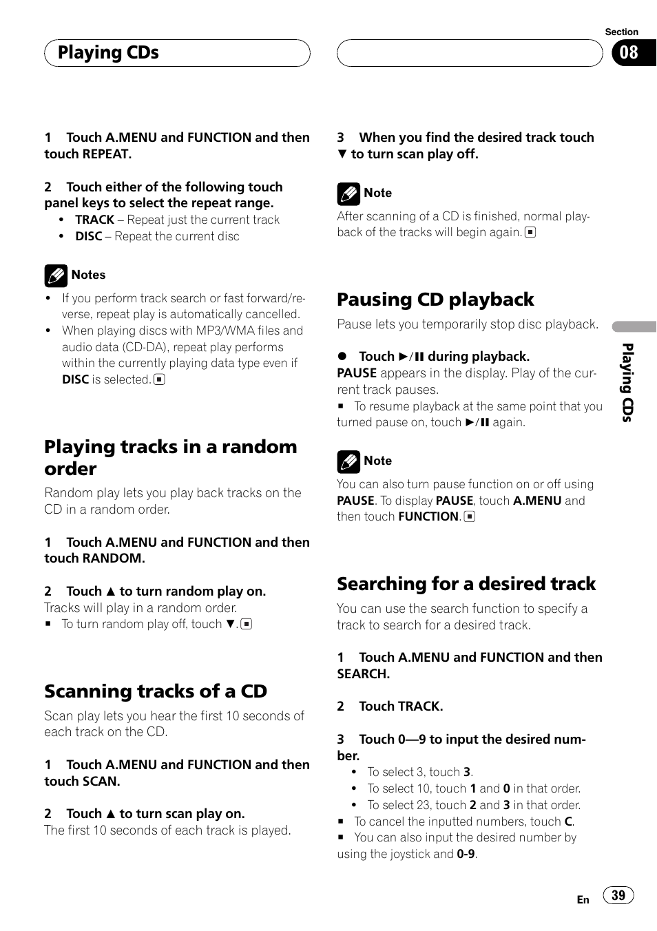 Playing tracks in a random order, Scanning tracks of a cd, Pausing cd playback | Searching for a desired track, Playing cds | Pioneer Super Tuner III D AVH-P6650DVD User Manual | Page 39 / 106