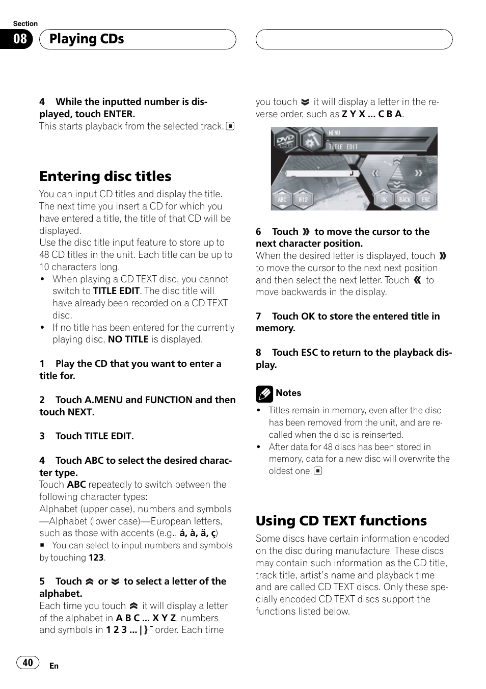 Entering disc titles 40 using cd text functions 40, Entering disc titles, Using cd text functions | Playing cds | Pioneer Super Tuner III D AVH-P6650DVD User Manual | Page 40 / 106