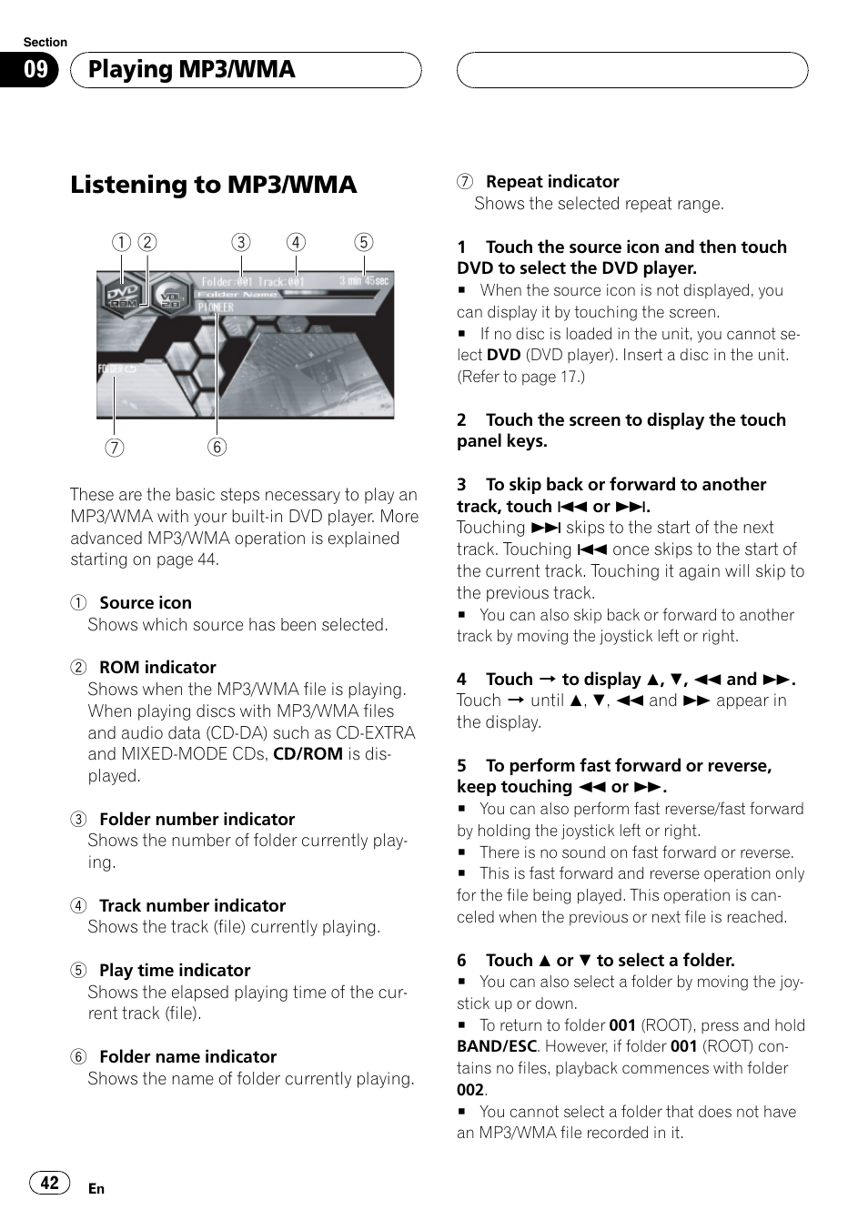 Playing mp3/wma listening to mp3/wma 42, Listening to mp3/wma, Playing mp3/wma | Pioneer Super Tuner III D AVH-P6650DVD User Manual | Page 42 / 106