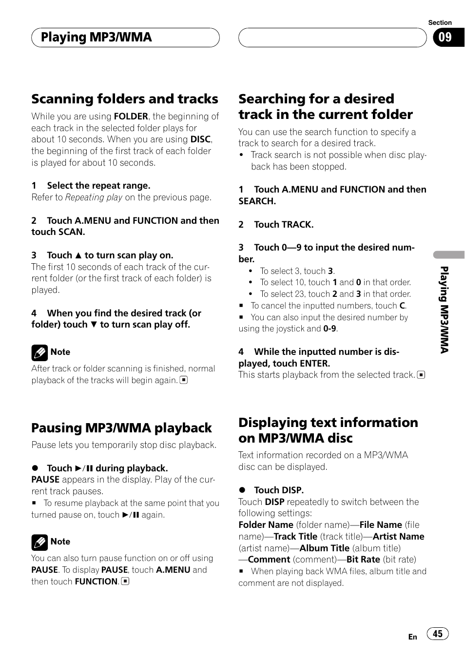 Folder 45, Displaying text information on mp3/wma, Disc 45 | Scanning folders and tracks, Pausing mp3/wma playback, Displaying text information on mp3/wma disc, Playing mp3/wma | Pioneer Super Tuner III D AVH-P6650DVD User Manual | Page 45 / 106