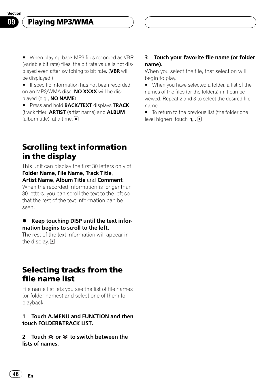 Scrolling text information in the display, Selecting tracks from the file name list, Playing mp3/wma | Pioneer Super Tuner III D AVH-P6650DVD User Manual | Page 46 / 106