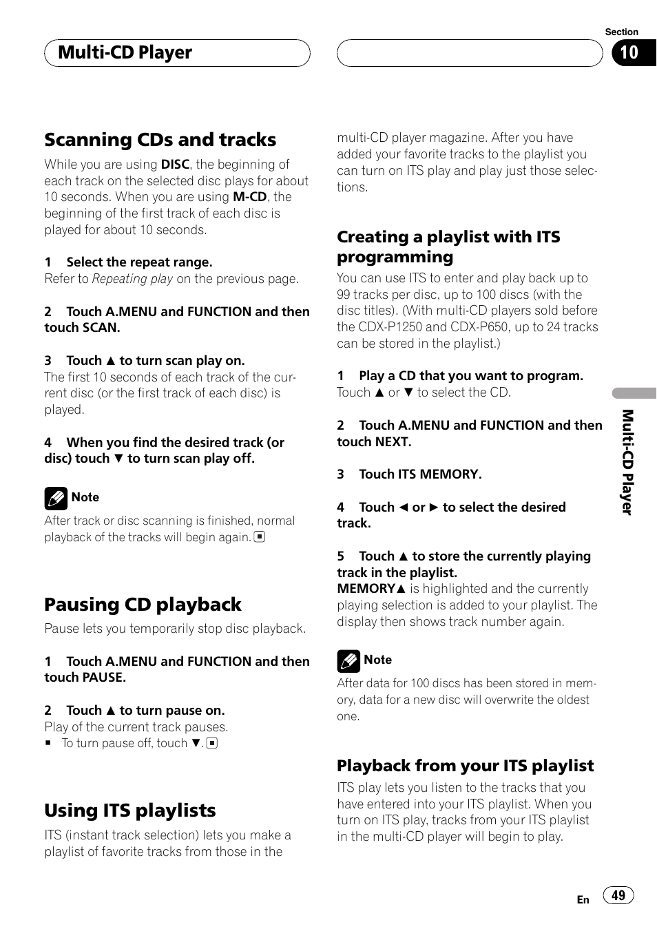 Scanning cds and tracks, Pausing cd playback, Using its playlists | Multi-cd player | Pioneer Super Tuner III D AVH-P6650DVD User Manual | Page 49 / 106