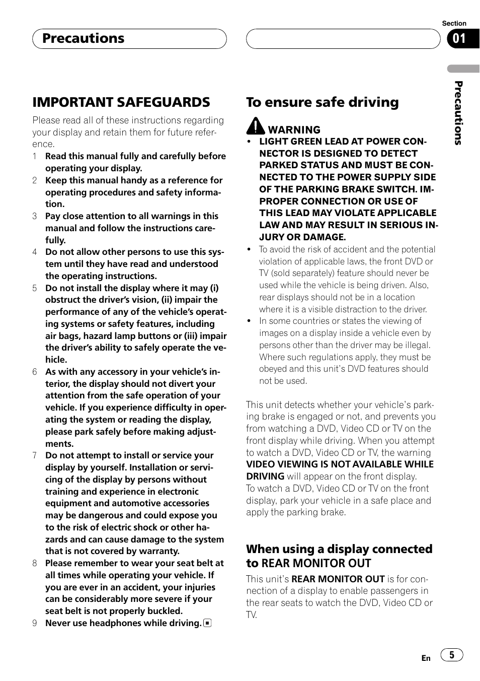 Important safeguards, Precautions, When using a display connected to rear monitor out | Pioneer Super Tuner III D AVH-P6650DVD User Manual | Page 5 / 106