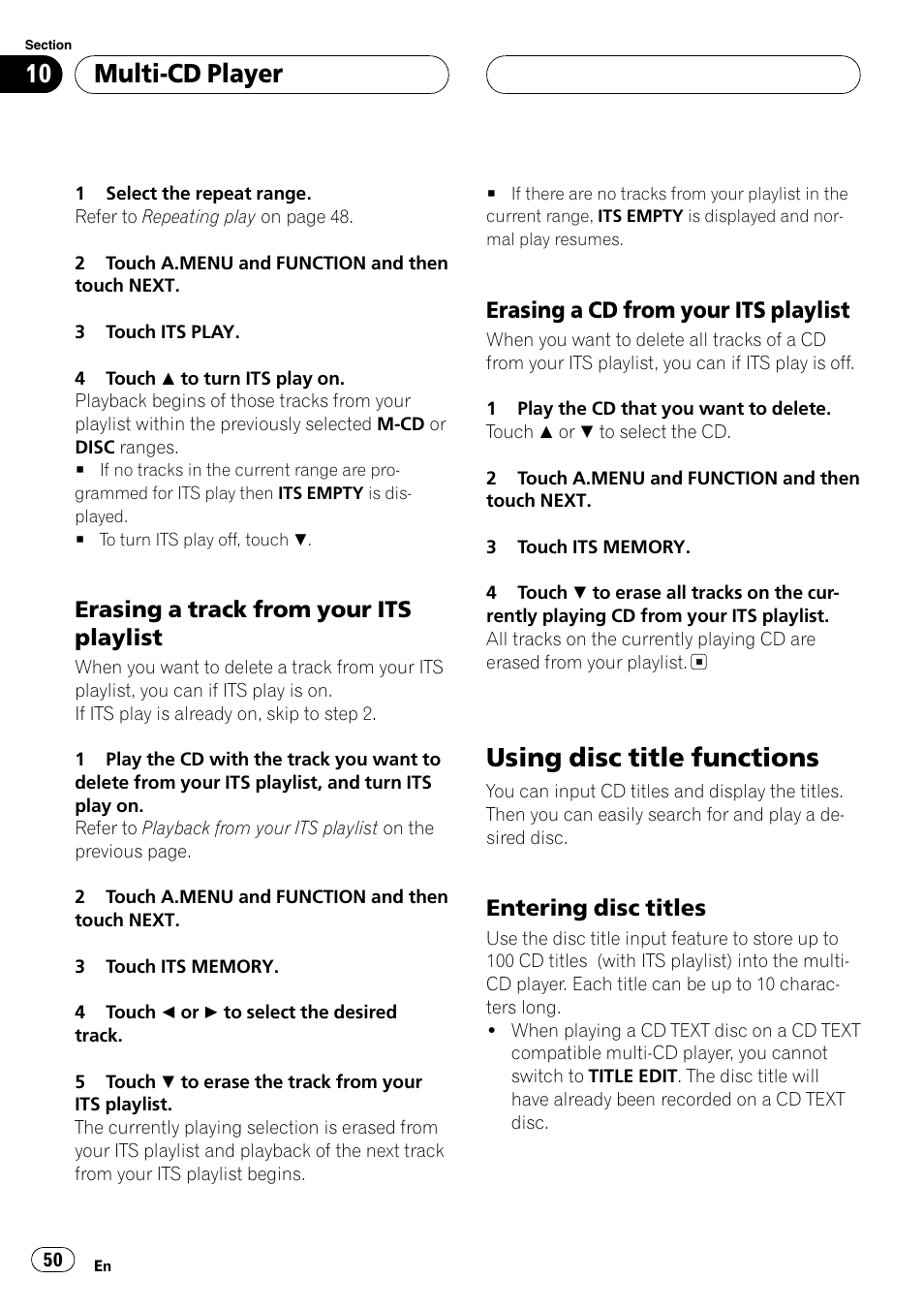 Using disc title functions 50, Using disc title functions, Multi-cd player | Erasing a track from your its playlist, Erasing a cd from your its playlist, Entering disc titles | Pioneer Super Tuner III D AVH-P6650DVD User Manual | Page 50 / 106