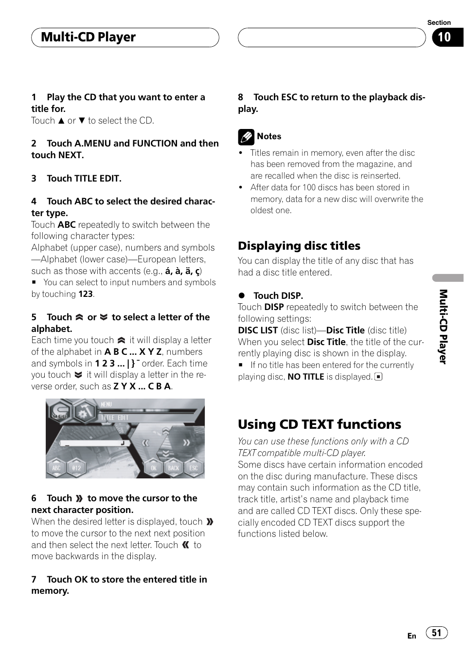 Using cd text functions 51, Using cd text functions, Multi-cd player | Displaying disc titles | Pioneer Super Tuner III D AVH-P6650DVD User Manual | Page 51 / 106