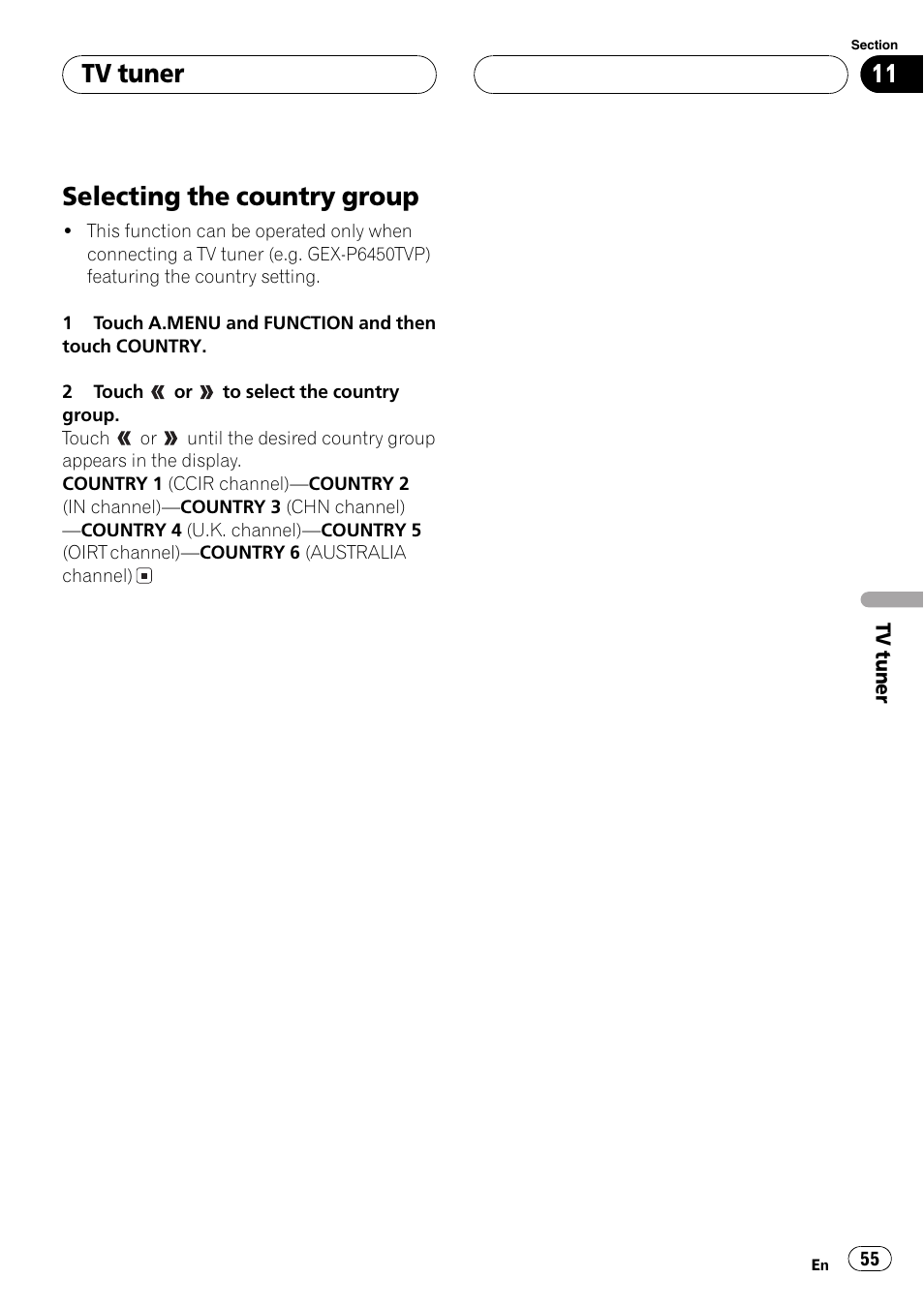 Selecting the country group 55, Selecting the country group, Tv tuner | Pioneer Super Tuner III D AVH-P6650DVD User Manual | Page 55 / 106