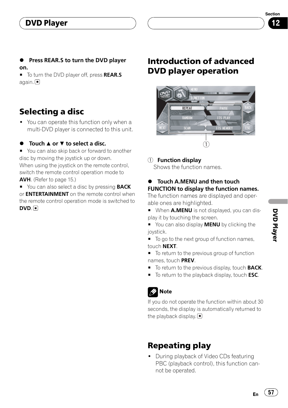 Operation 57, Repeating play 57, Selecting a disc | Introduction of advanced dvd player operation, Repeating play, Dvd player | Pioneer Super Tuner III D AVH-P6650DVD User Manual | Page 57 / 106