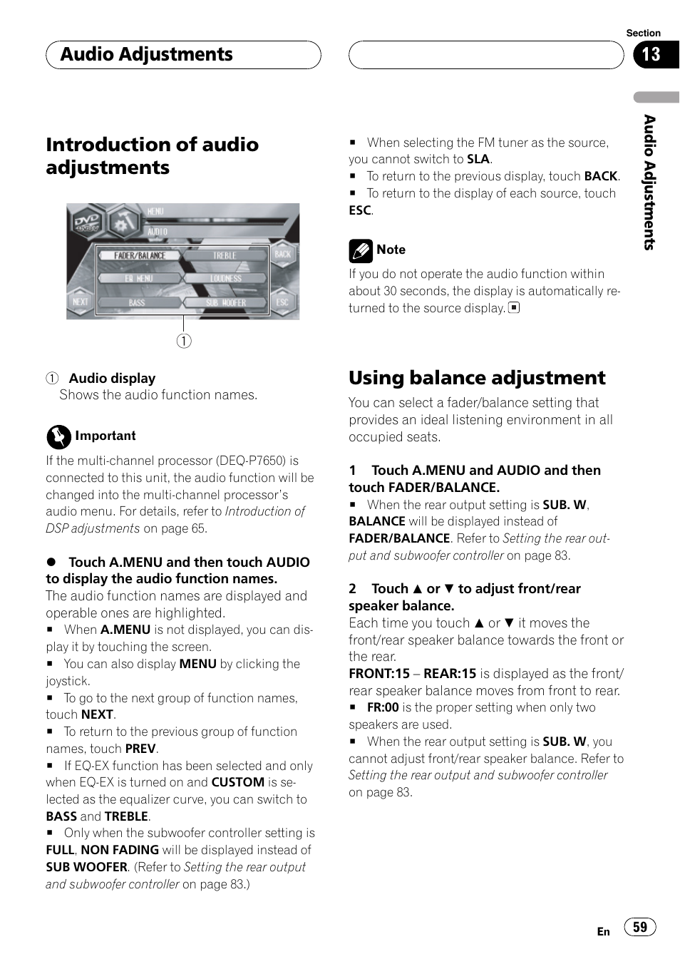 Introduction of audio adjustments, Using balance adjustment, Audio adjustments | Pioneer Super Tuner III D AVH-P6650DVD User Manual | Page 59 / 106