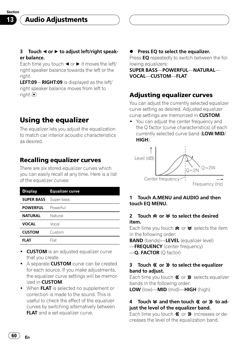 Using the equalizer 60, Using the equalizer, Audio adjustments | Recalling equalizer curves, Adjusting equalizer curves | Pioneer Super Tuner III D AVH-P6650DVD User Manual | Page 60 / 106