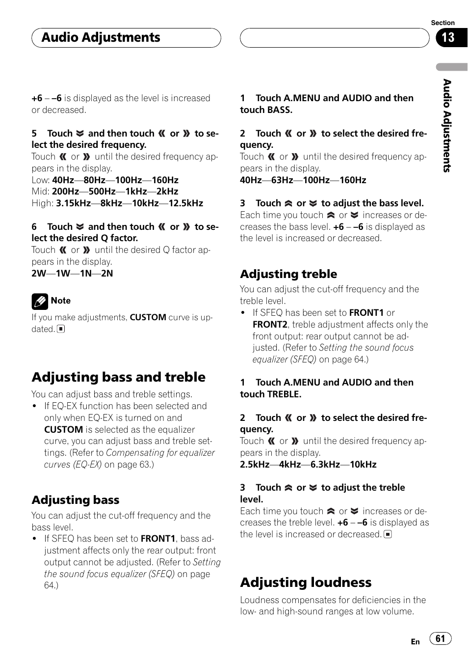 Adjusting bass and treble 61 adjusting loudness 61, Adjusting bass and treble, Adjusting loudness | Audio adjustments, Adjusting bass, Adjusting treble | Pioneer Super Tuner III D AVH-P6650DVD User Manual | Page 61 / 106