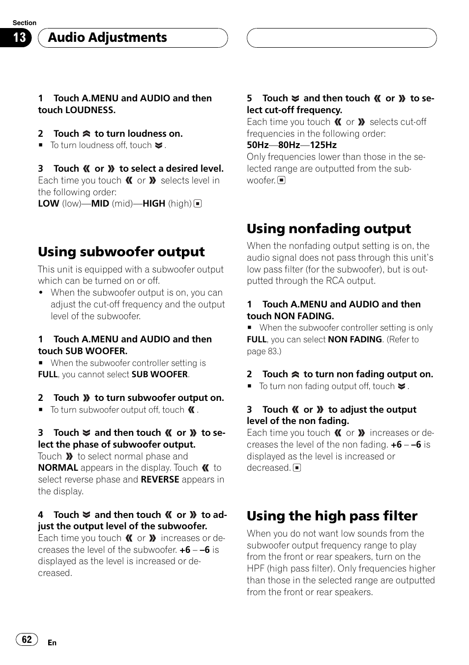 Using subwoofer output, Using nonfading output, Using the high pass filter | Audio adjustments | Pioneer Super Tuner III D AVH-P6650DVD User Manual | Page 62 / 106