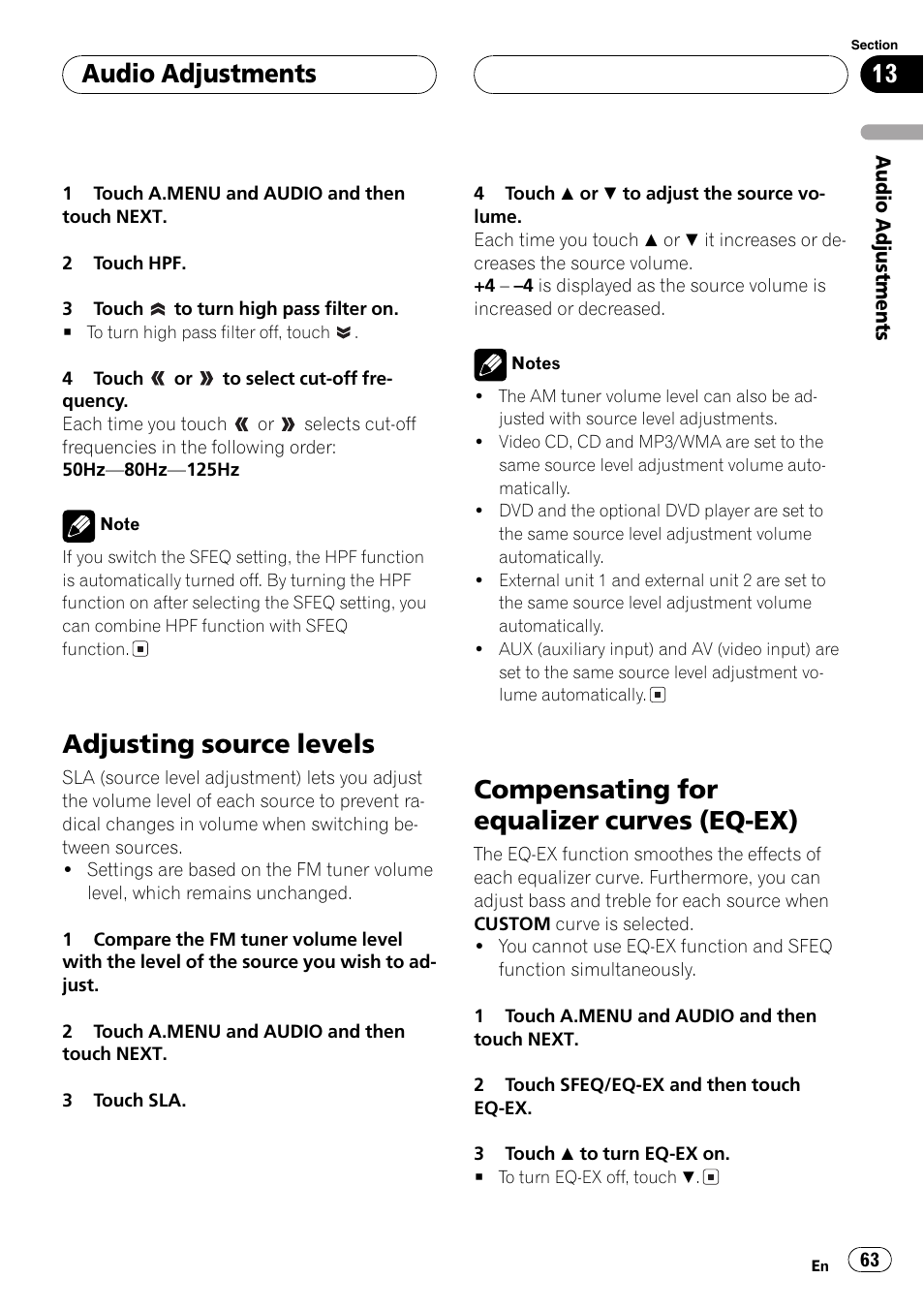 Adjusting source levels 63, Compensating for equalizer curves (eq, Ex) 63 | Compensating for equalizer, Adjusting source levels, Compensating for equalizer curves (eq-ex), Audio adjustments | Pioneer Super Tuner III D AVH-P6650DVD User Manual | Page 63 / 106