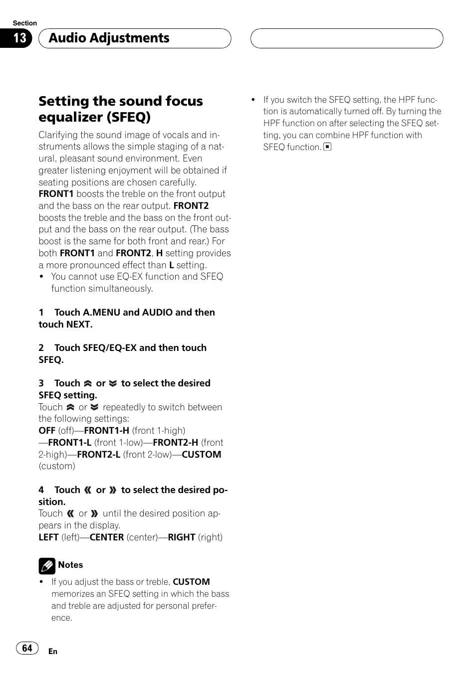 Setting the sound focus equalizer, Sfeq) 64, Setting | Setting the sound focus, Setting the sound focus equalizer (sfeq), Audio adjustments | Pioneer Super Tuner III D AVH-P6650DVD User Manual | Page 64 / 106