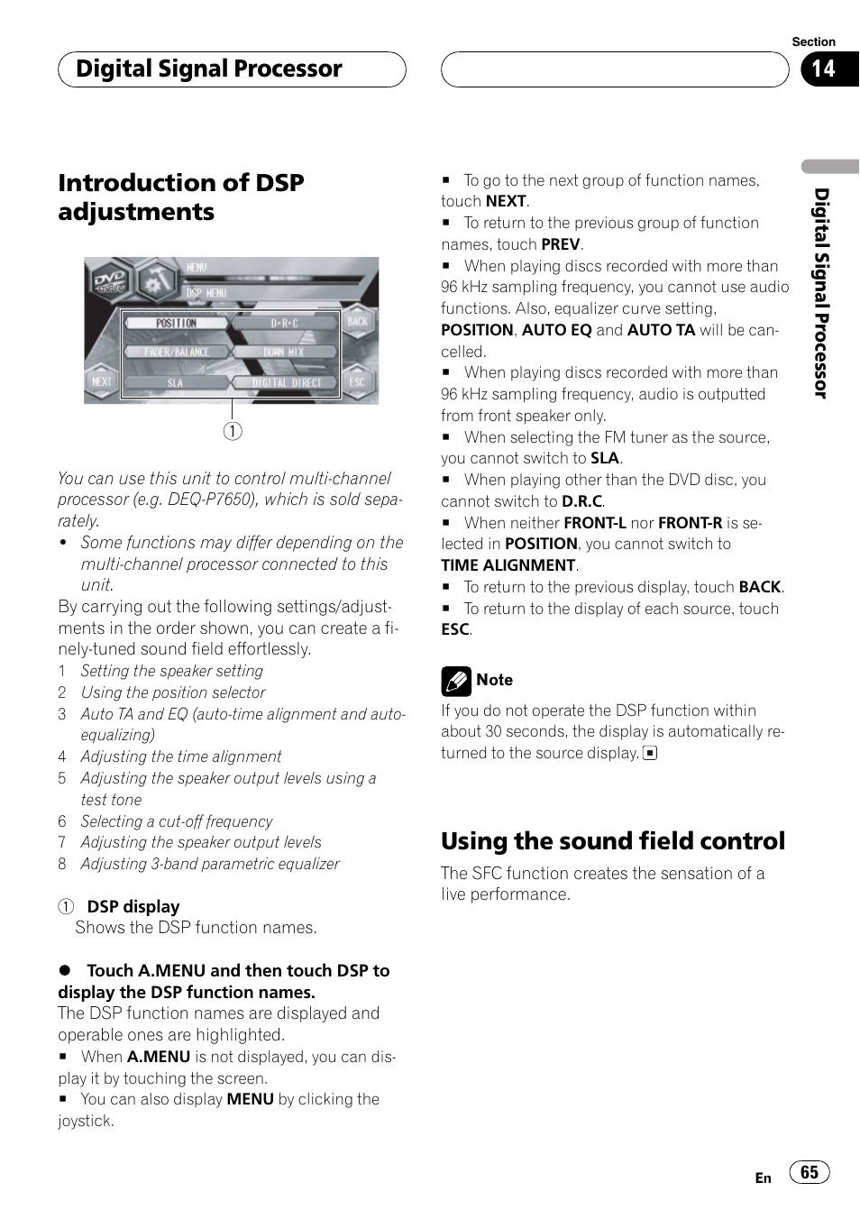 Introduction of dsp adjustments, Using the sound field control, Digitalsignalprocessor | Pioneer Super Tuner III D AVH-P6650DVD User Manual | Page 65 / 106