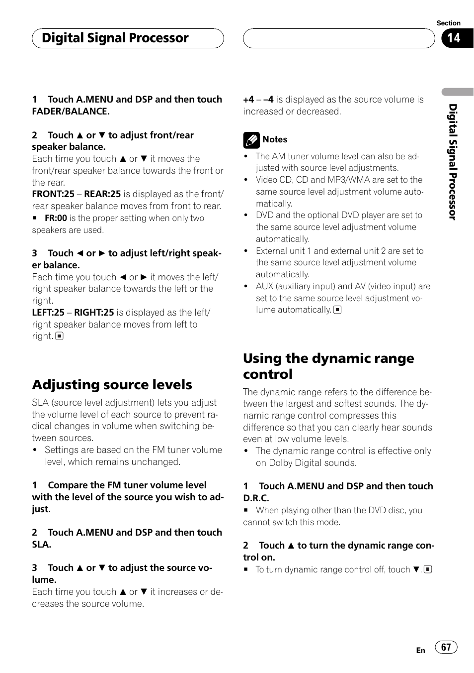 Adjusting source levels, Using the dynamic range control, Digitalsignalprocessor | Pioneer Super Tuner III D AVH-P6650DVD User Manual | Page 67 / 106