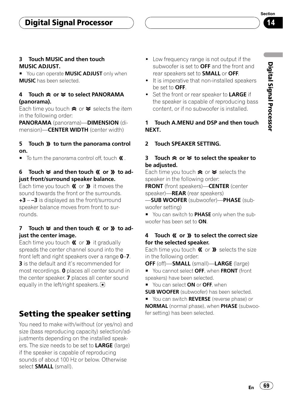 Setting the speaker setting 69, Setting the speaker setting, Digitalsignalprocessor | Pioneer Super Tuner III D AVH-P6650DVD User Manual | Page 69 / 106