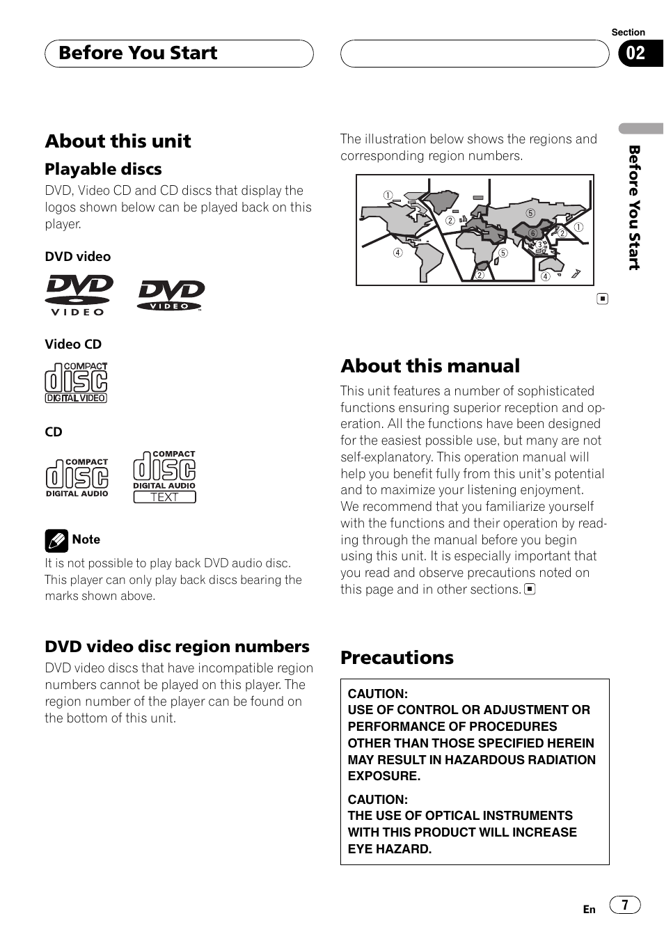 Playable discs 7, Dvd video disc region numbers 7, About this unit | About this manual, Precautions, Before you start | Pioneer Super Tuner III D AVH-P6650DVD User Manual | Page 7 / 106