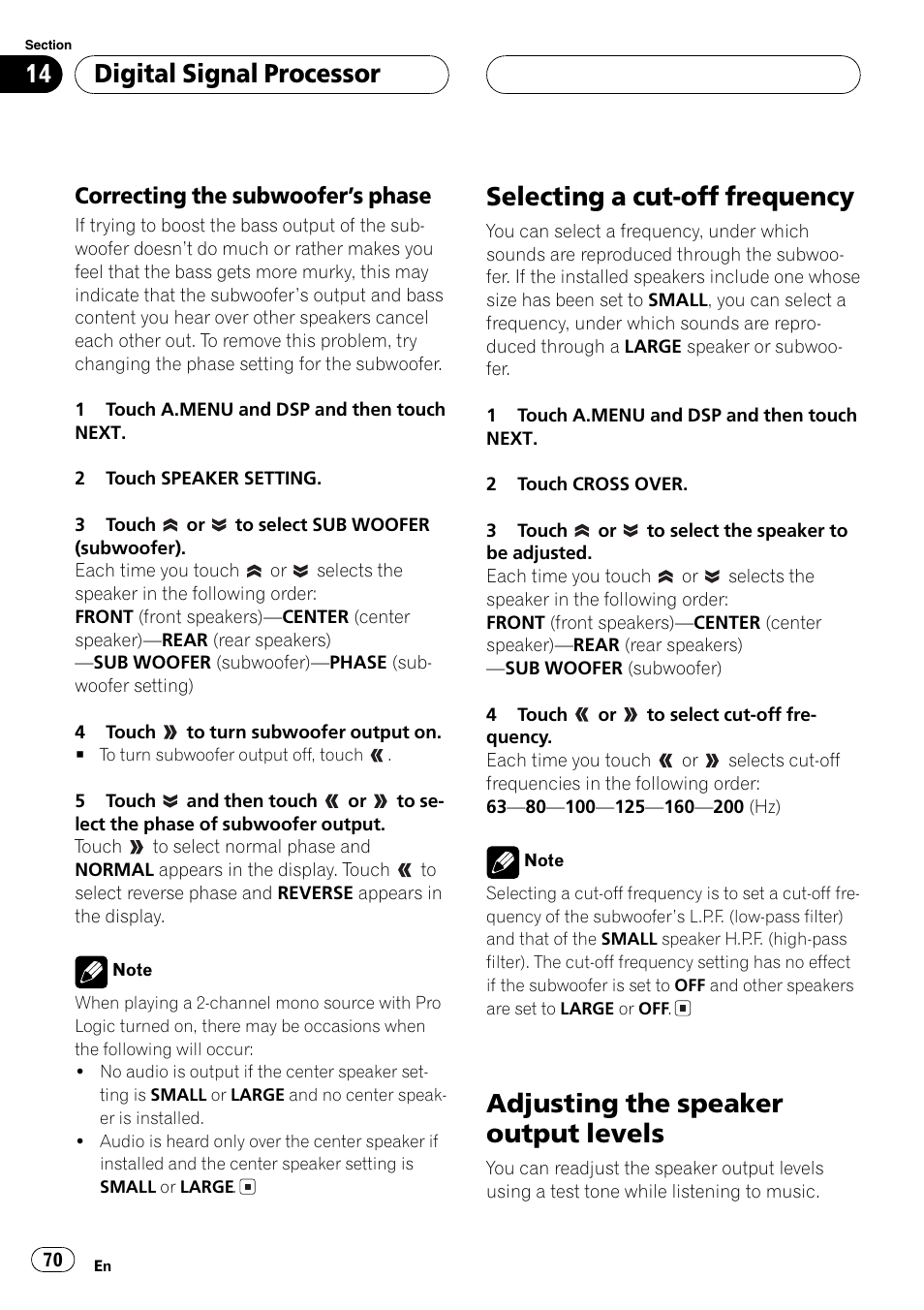 Selecting a cut-off frequency, Adjusting the speaker output levels, Digitalsignalprocessor | Correcting the subwoofers phase | Pioneer Super Tuner III D AVH-P6650DVD User Manual | Page 70 / 106