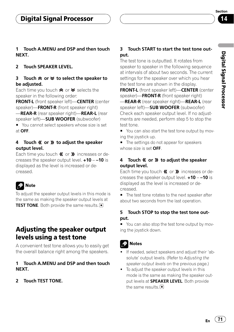 Adjusting the speaker output levels using a, Test tone 71, Test tone | Digitalsignalprocessor | Pioneer Super Tuner III D AVH-P6650DVD User Manual | Page 71 / 106