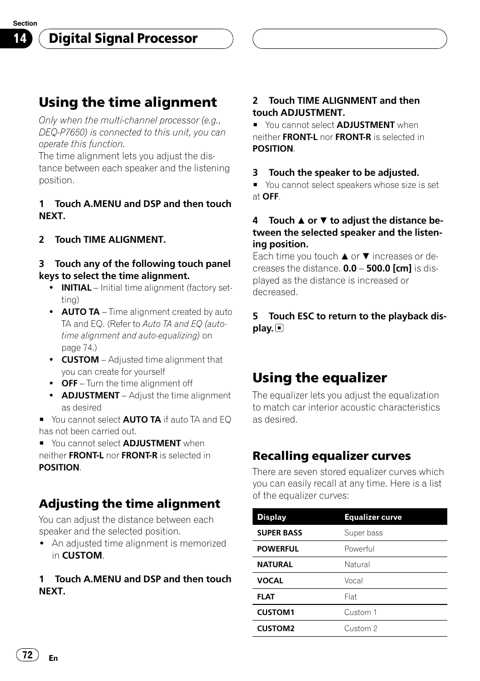 Using the time alignment 72 using the equalizer 72, Adjusting the time alignment, Using the time alignment | Using the equalizer, Digitalsignalprocessor, Recalling equalizer curves | Pioneer Super Tuner III D AVH-P6650DVD User Manual | Page 72 / 106