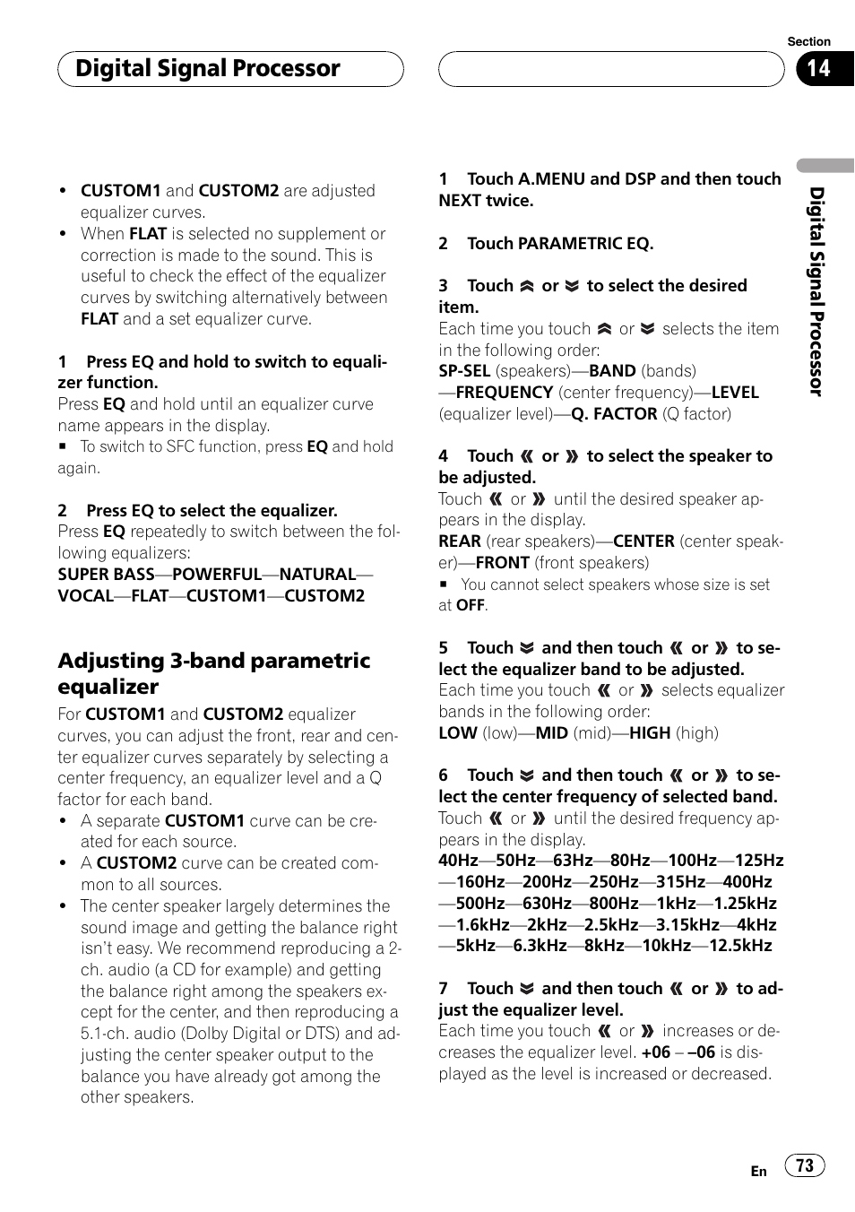 Adjusting 3-band parametric equalizer, Digitalsignalprocessor | Pioneer Super Tuner III D AVH-P6650DVD User Manual | Page 73 / 106