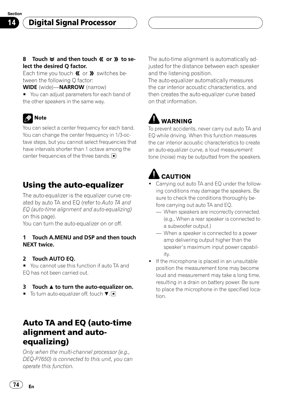 Auto-equalizing) 74, Auto ta and eq (auto-time alignment and auto, Equalizing) | Using the auto-equalizer, Digitalsignalprocessor | Pioneer Super Tuner III D AVH-P6650DVD User Manual | Page 74 / 106