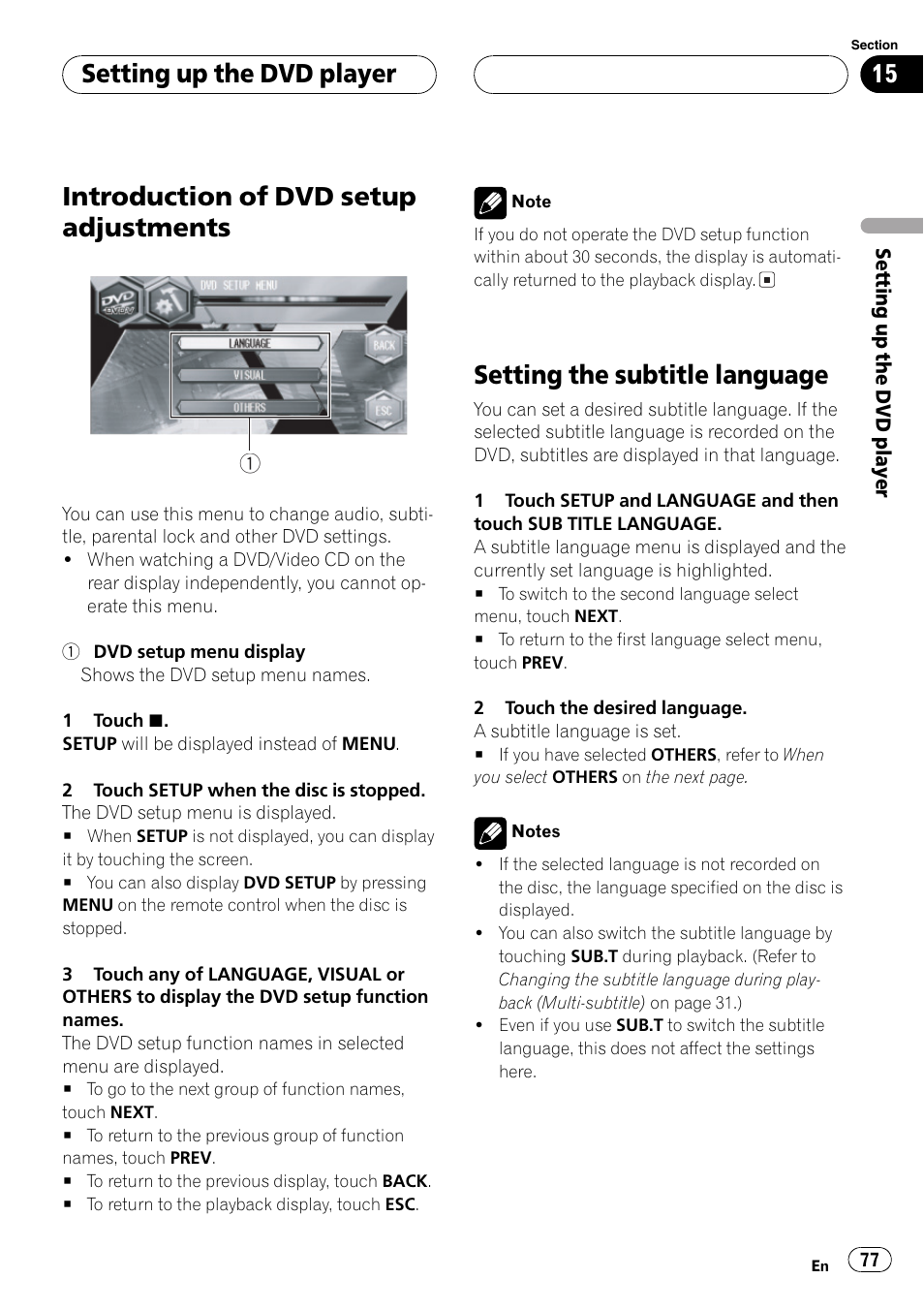 Introduction of dvd setup adjustments, Setting the subtitle language, Setting up the dvd player | Pioneer Super Tuner III D AVH-P6650DVD User Manual | Page 77 / 106