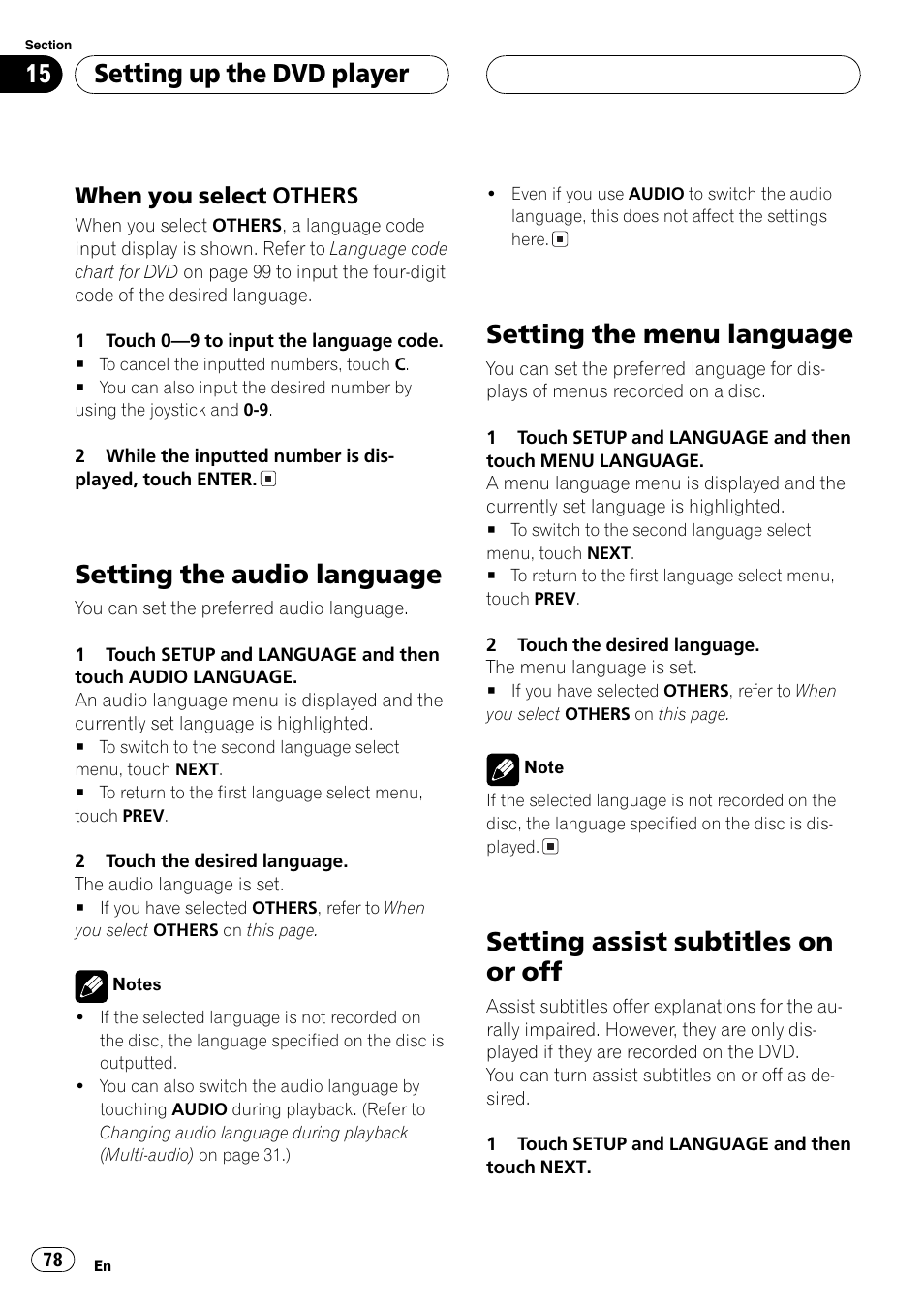 Setting the audio language, Setting the menu language, Setting assist subtitles on or off | Setting up the dvd player, When you select others | Pioneer Super Tuner III D AVH-P6650DVD User Manual | Page 78 / 106