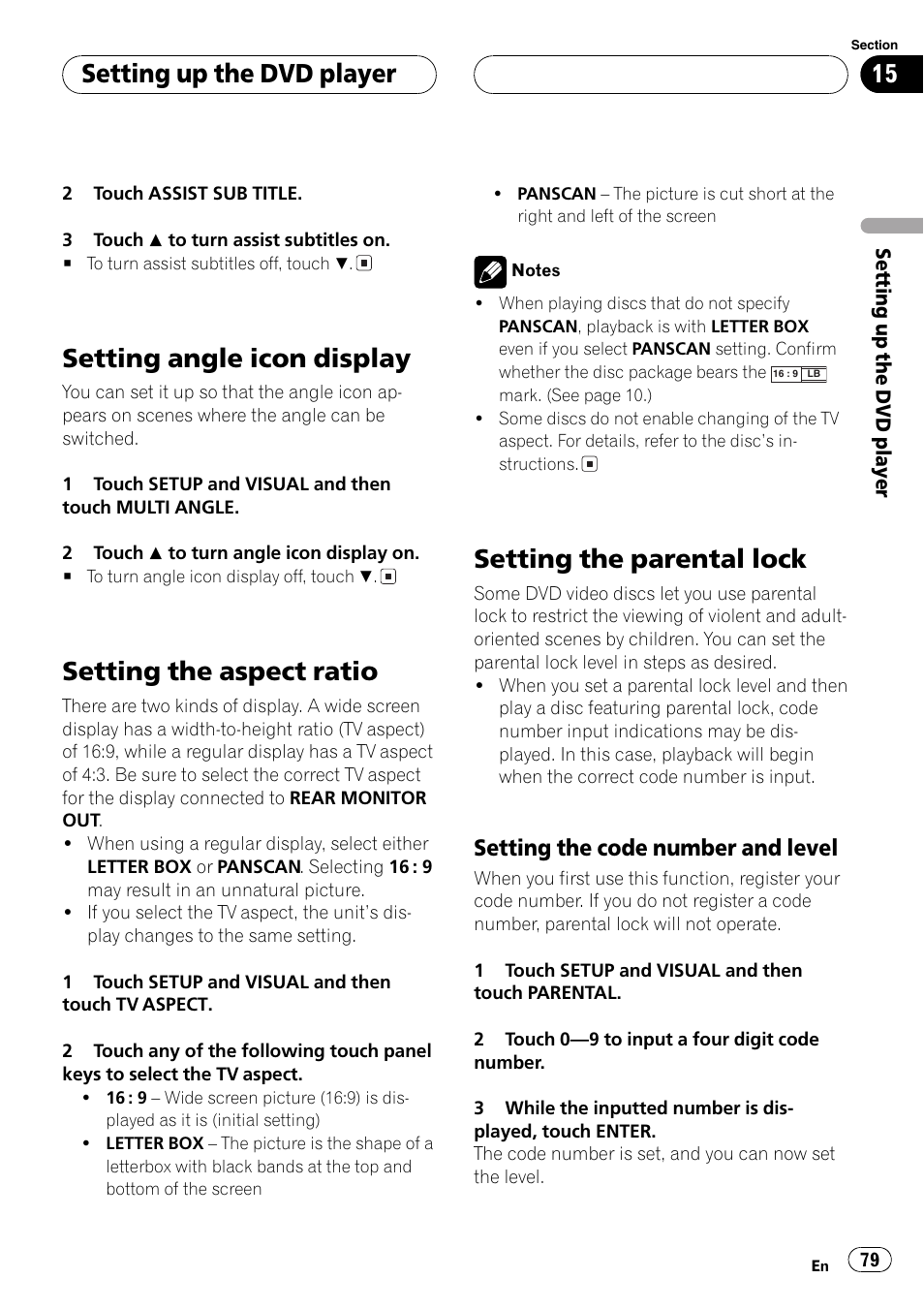 Setting angle icon display, Setting the aspect ratio, Setting the parentallock | Setting up the dvd player, Setting the code number and level | Pioneer Super Tuner III D AVH-P6650DVD User Manual | Page 79 / 106