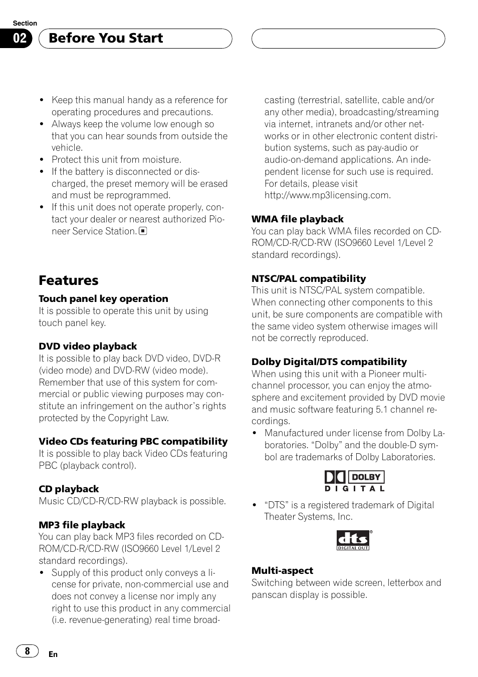 Features 8, Features, Before you start | Pioneer Super Tuner III D AVH-P6650DVD User Manual | Page 8 / 106