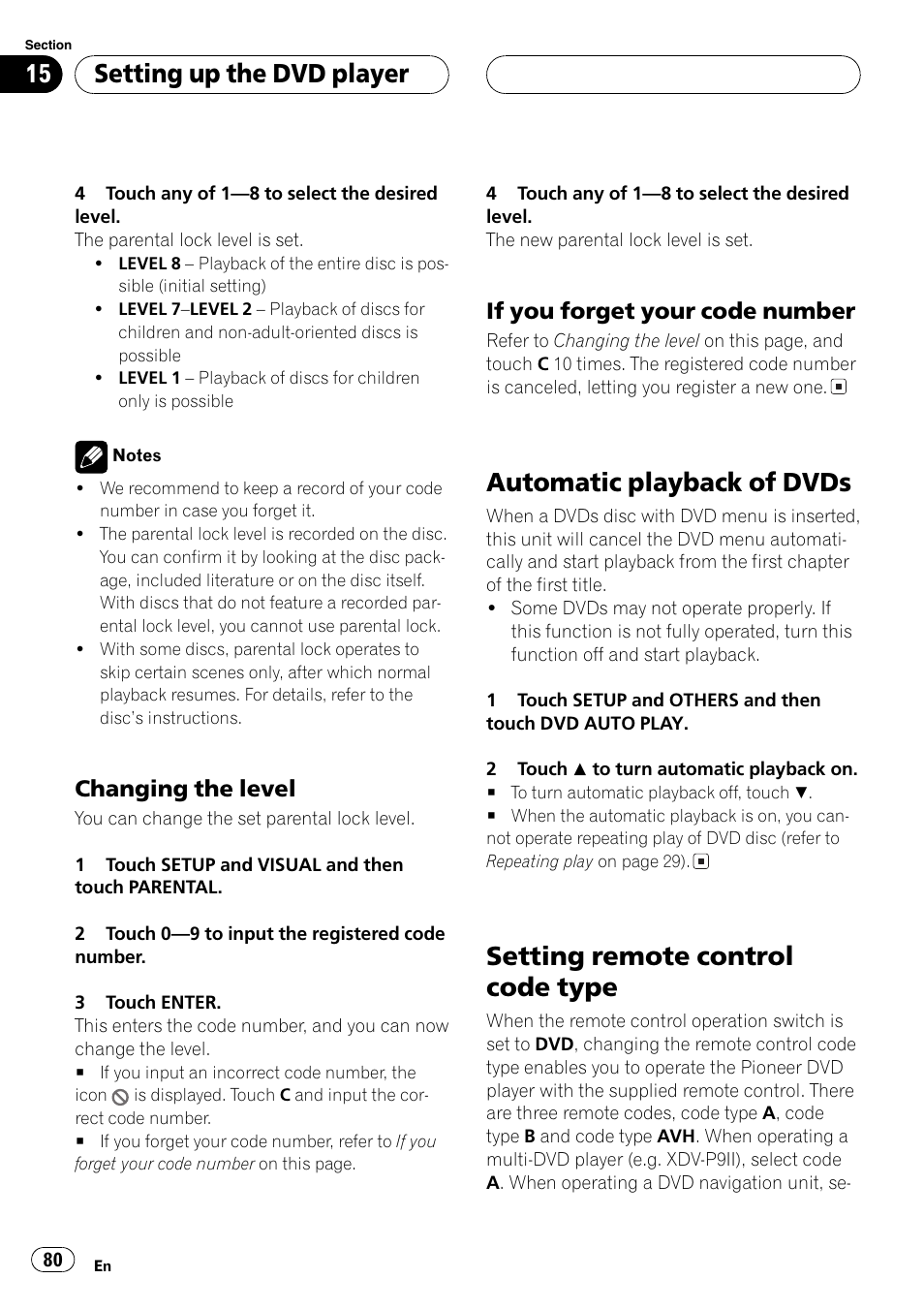 Setting remote, Automatic playback of dvds, Setting remote control code type | Setting up the dvd player, Changing the level, If you forget your code number | Pioneer Super Tuner III D AVH-P6650DVD User Manual | Page 80 / 106