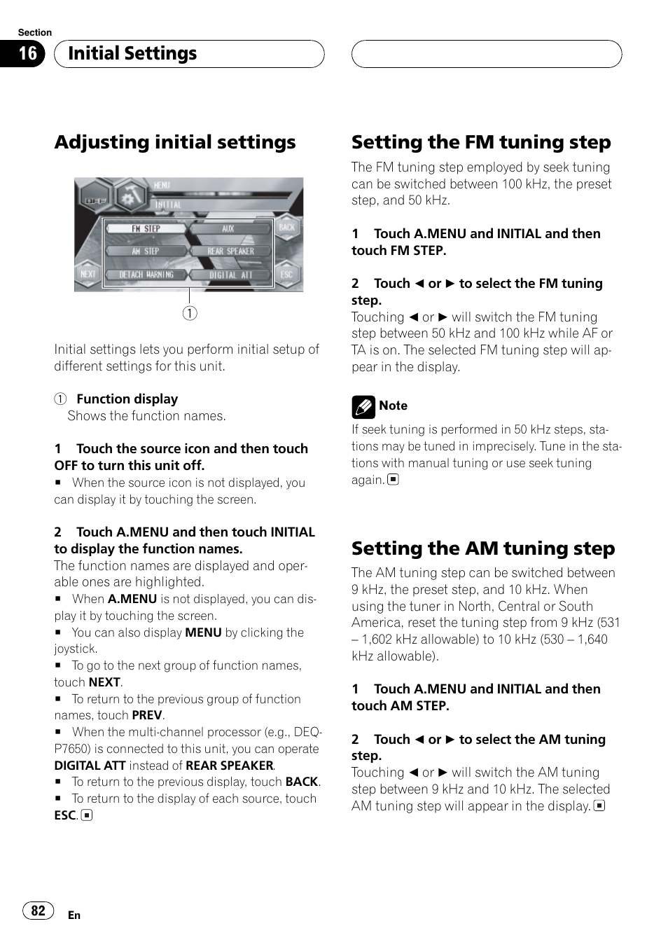 Initialsettings adjusting initial settings 82, Adjusting initialsettings, Setting the fm tuning step | Setting the am tuning step, Initialsettings | Pioneer Super Tuner III D AVH-P6650DVD User Manual | Page 82 / 106